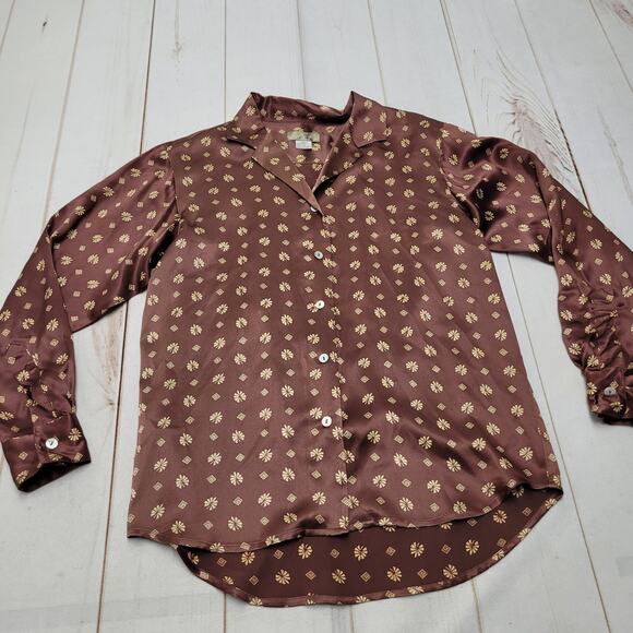 Vintage The Territory ahead 100% silk blouse brown button down tropical - Picture 1 of 5